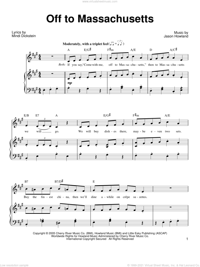 Off To Massachusetts sheet music for voice, piano or guitar by Mindi Dickstein, Little Women (Musical) and Jason Howland, intermediate skill level