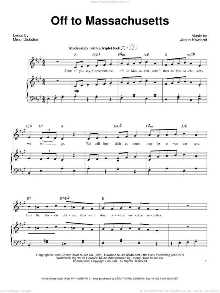 Off To Massachusetts sheet music for voice, piano or guitar by Mindi Dickstein, Little Women (Musical) and Jason Howland, intermediate skill level