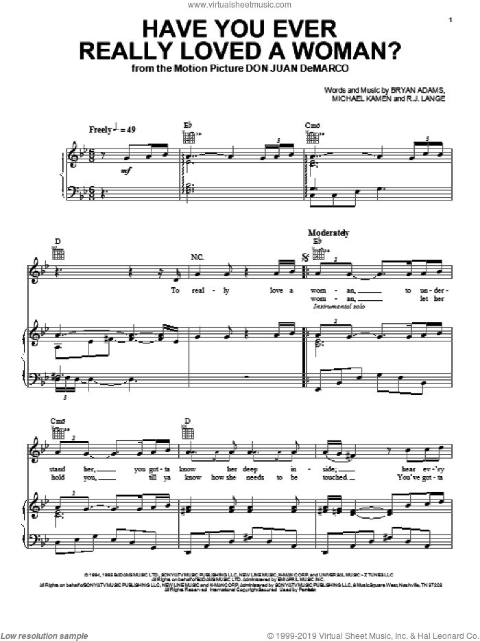 Have You Ever Really Loved A Woman? sheet music for voice, piano or guitar by Bryan Adams, Michael Kamen and Robert John Lange, intermediate skill level