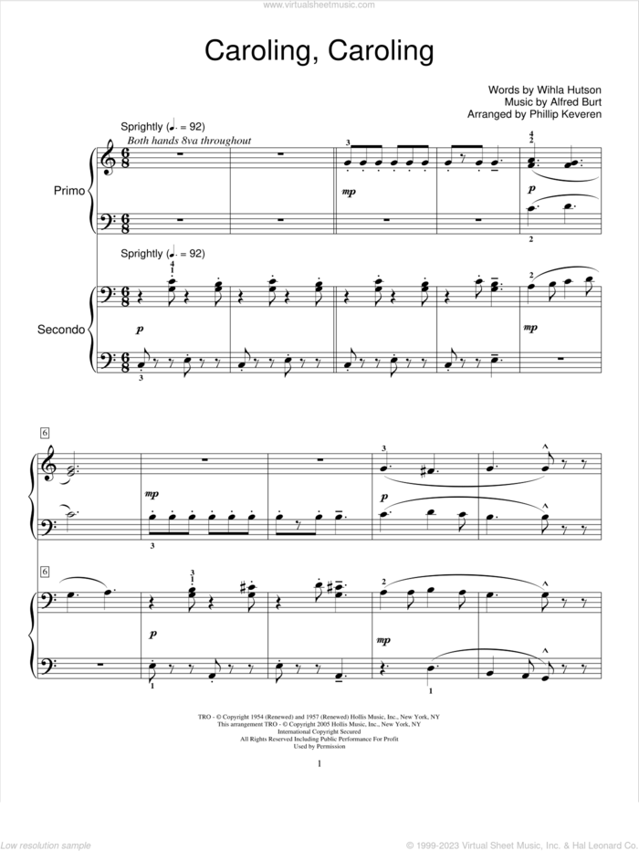 Caroling, Caroling sheet music for piano four hands by Nat King Cole, Miscellaneous, Alfred Burt and Wihla Hutson, intermediate skill level