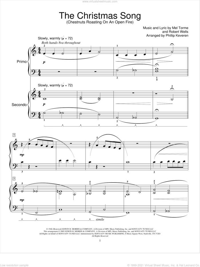 The Christmas Song (Chestnuts Roasting On An Open Fire) sheet music for piano four hands by Mel Torme, Miscellaneous and Robert Wells, intermediate skill level