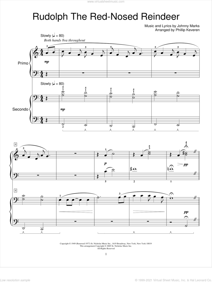 Rudolph The Red-Nosed Reindeer (arr. Phillip Keveren) sheet music for piano four hands by Johnny Marks, Phillip Keveren and Miscellaneous, intermediate skill level