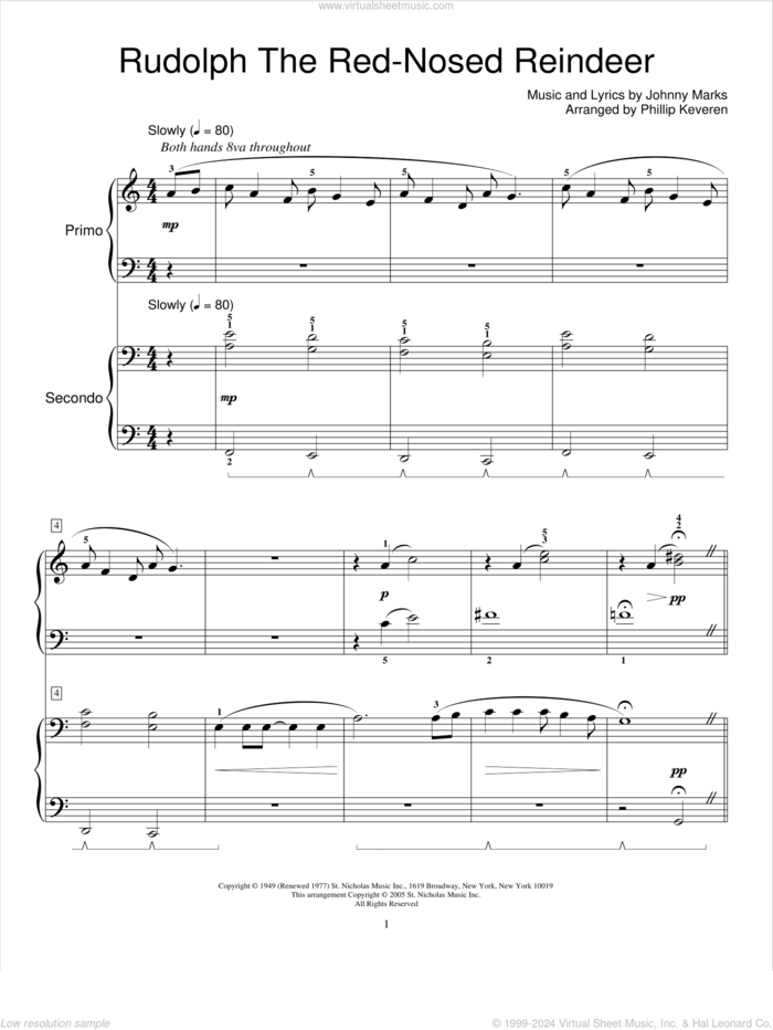 Rudolph The Red-Nosed Reindeer (arr. Phillip Keveren) sheet music for piano four hands by Johnny Marks, Phillip Keveren and Miscellaneous, intermediate skill level