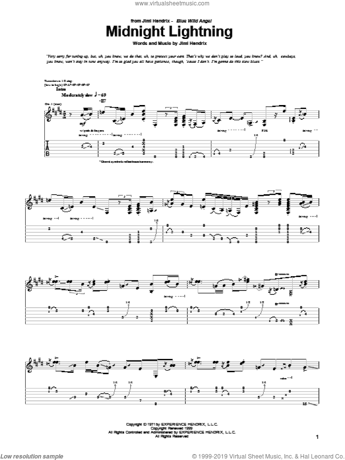 Midnight Lightning sheet music for guitar (tablature) by Jimi Hendrix, intermediate skill level