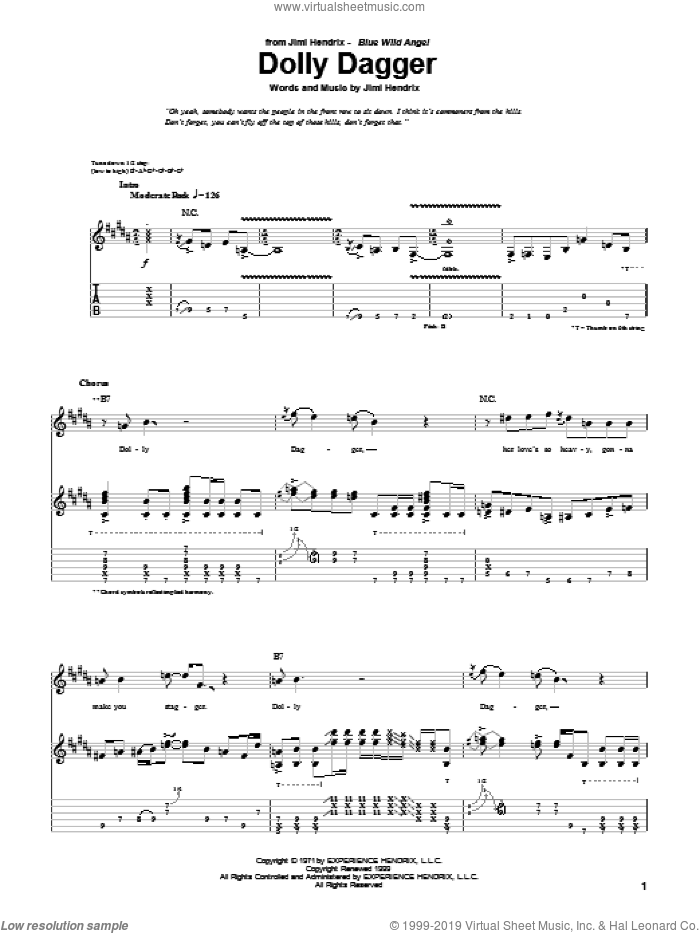 Dolly Dagger sheet music for guitar (tablature) by Jimi Hendrix, intermediate skill level