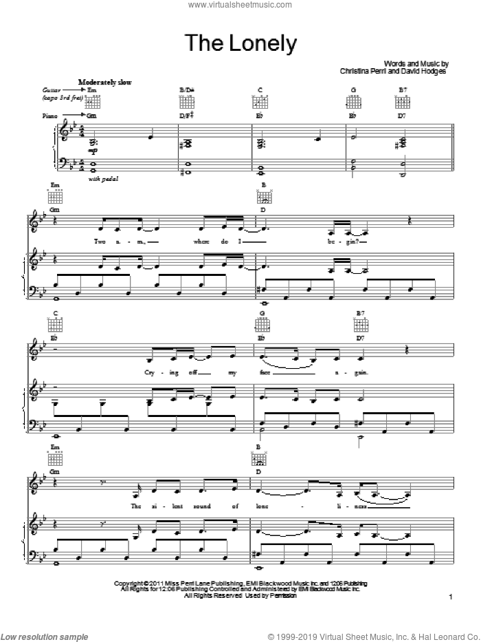 The Lonely sheet music for voice, piano or guitar by Christina Perri and David Hodges, intermediate skill level