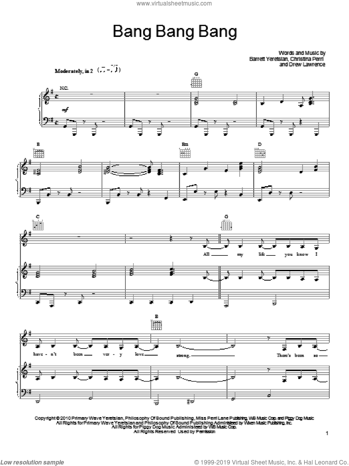 Bang Bang Bang sheet music for voice, piano or guitar by Christina Perri, Barrett Yeretsian and Drew Lawrence, intermediate skill level