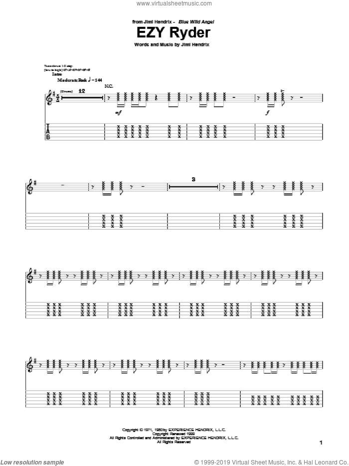 EZY Ryder sheet music for guitar (tablature) by Jimi Hendrix, intermediate skill level