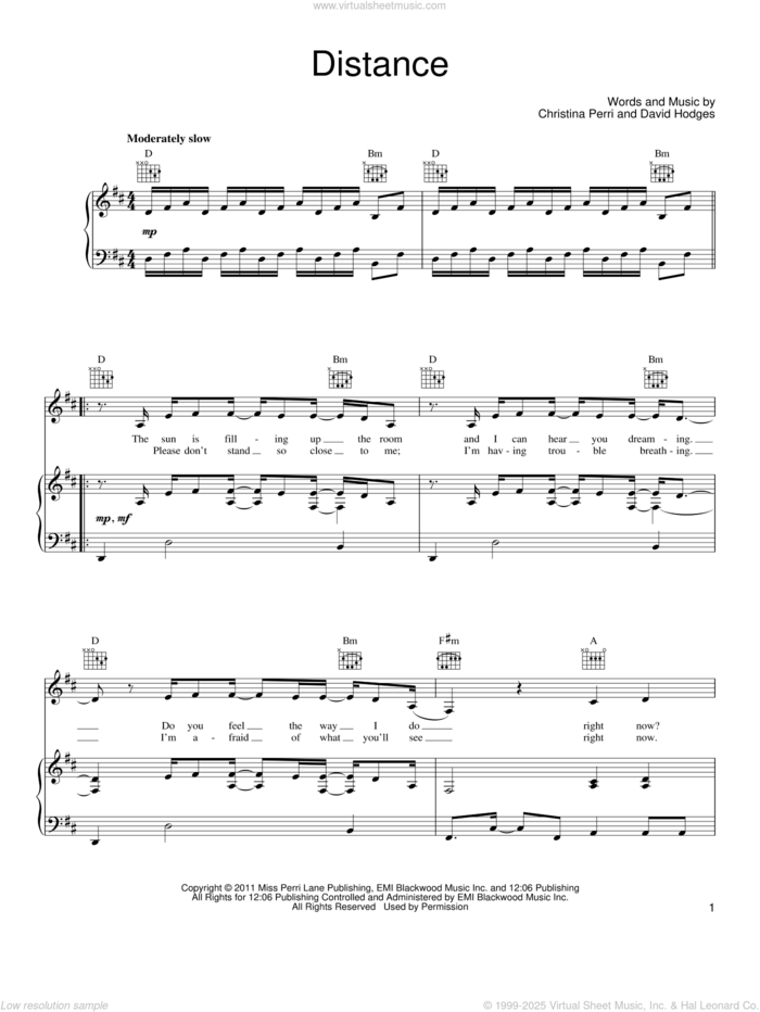 Distance sheet music for voice, piano or guitar by Christina Perri and David Hodges, intermediate skill level