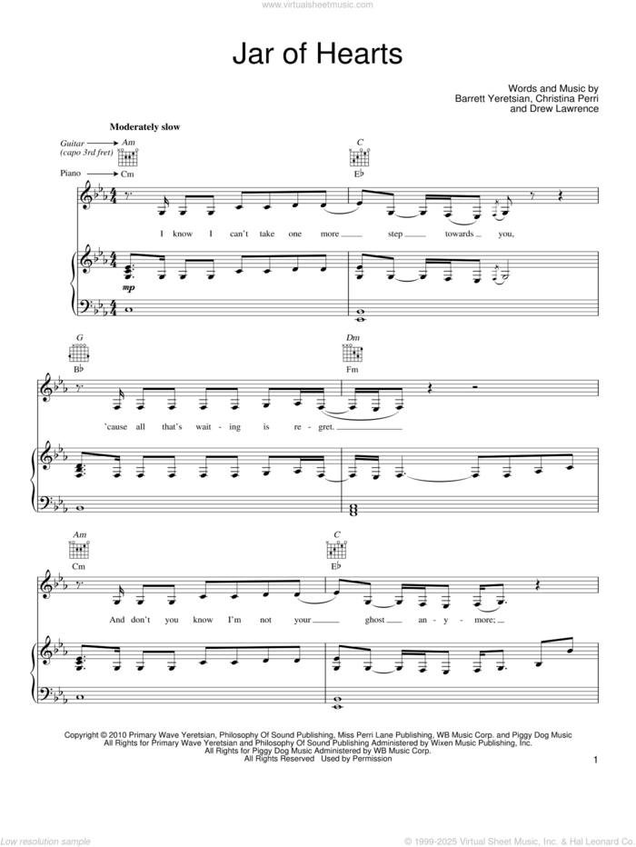 Jar Of Hearts sheet music for voice, piano or guitar by Christina Perri, Barrett Yeretsian and Drew Lawrence, intermediate skill level