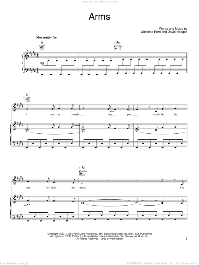 Arms sheet music for voice, piano or guitar by Christina Perri and David Hodges, intermediate skill level