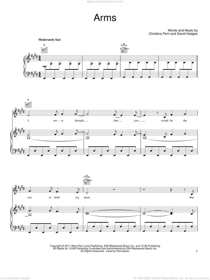 Arms sheet music for voice, piano or guitar by Christina Perri and David Hodges, intermediate skill level