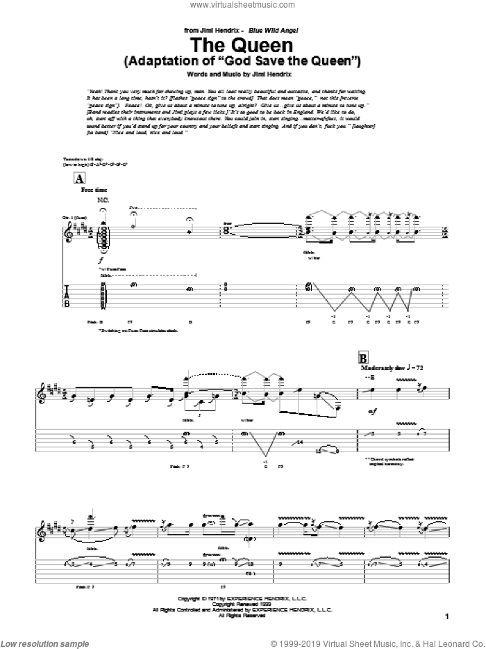 The Queen (Adaptation of 'God Save The Queen') sheet music for guitar (tablature) by Jimi Hendrix, intermediate skill level