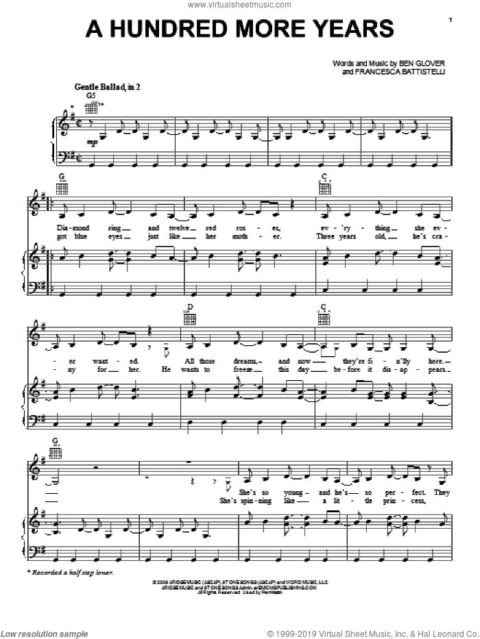 A Hundred More Years sheet music for voice, piano or guitar by Ben Glover and Francesca Battistelli, wedding score, intermediate skill level