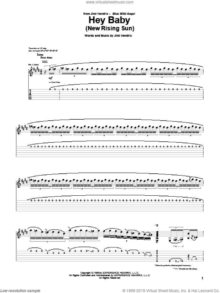 Hey Baby (New Rising Sun) sheet music for guitar (tablature) by Jimi Hendrix, intermediate skill level