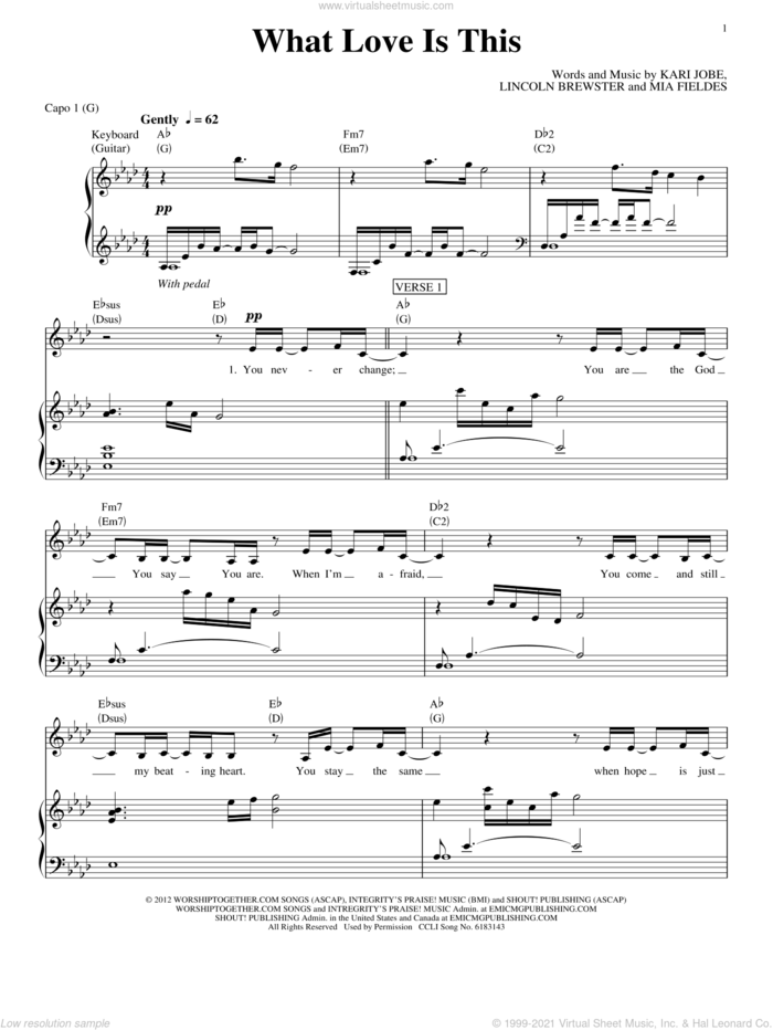 What Love Is This sheet music for voice, piano or guitar by Kari Jobe, Lincoln Brewster and Mia Fieldes, intermediate skill level
