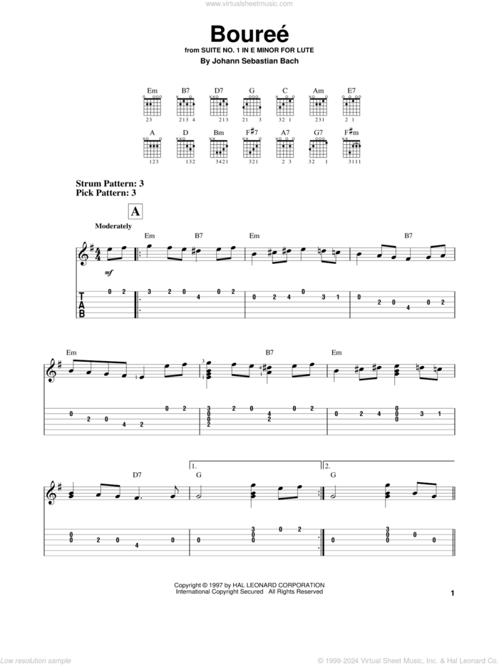 Bourree sheet music for guitar solo (easy tablature) by Johann Sebastian Bach, classical score, easy guitar (easy tablature)