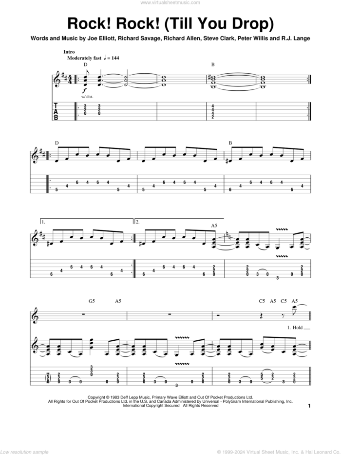 Rock! Rock! (Till You Drop) sheet music for guitar (tablature, play-along) by Def Leppard, Joe Elliott, Peter Willis, Richard Allen, Richard Savage, Robert John Lange and Steve Clark, intermediate skill level