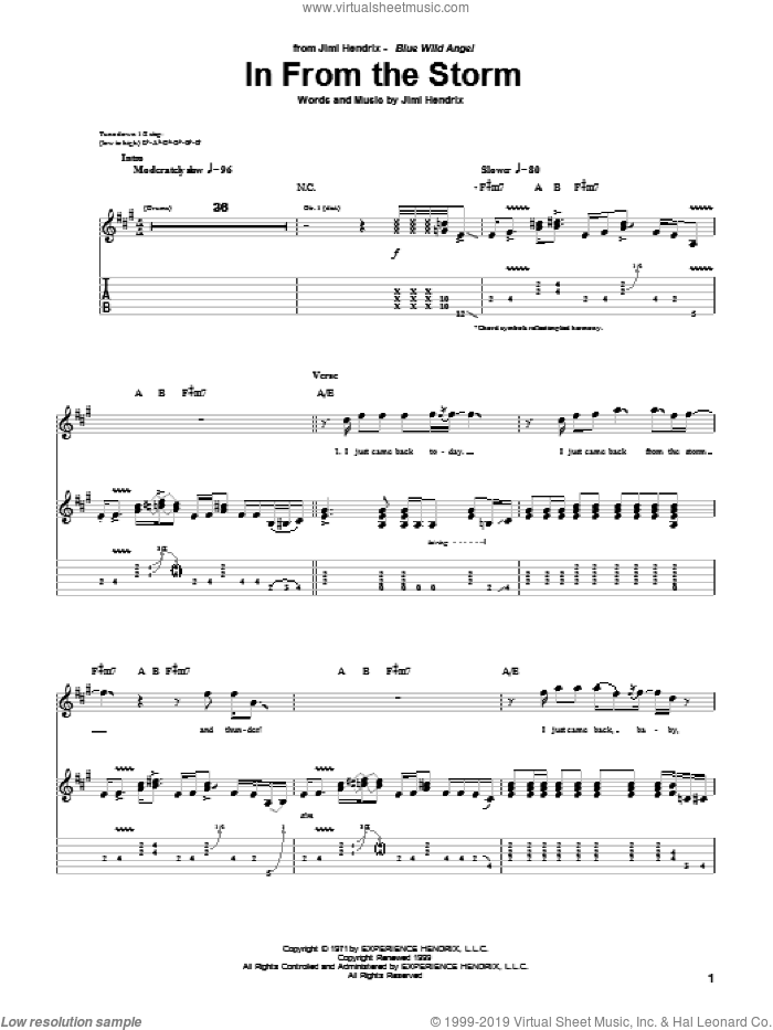 In From The Storm sheet music for guitar (tablature) by Jimi Hendrix, intermediate skill level