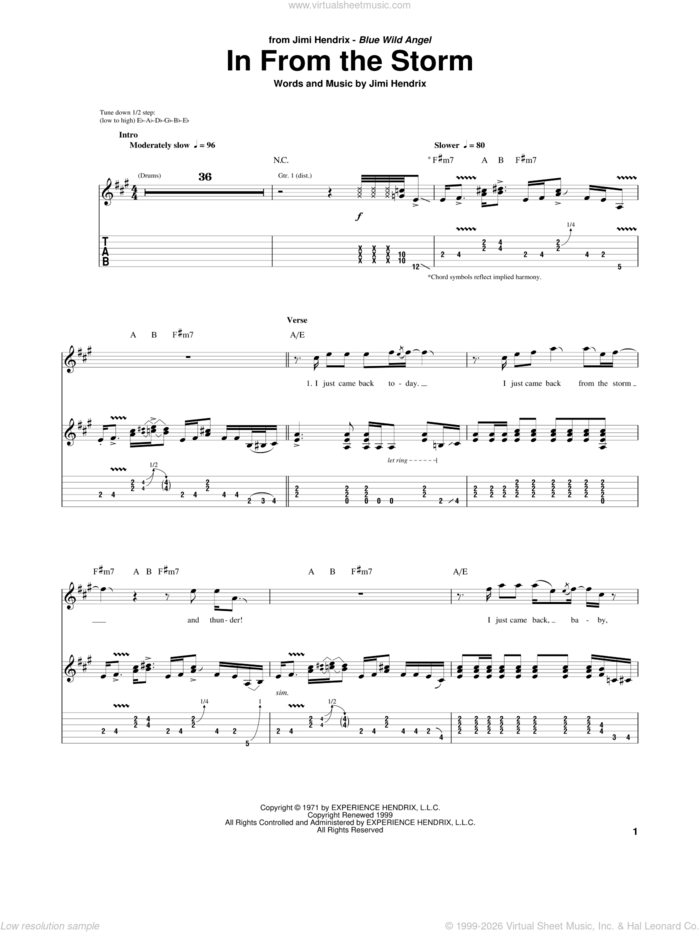 In From The Storm sheet music for guitar (tablature) by Jimi Hendrix, intermediate skill level