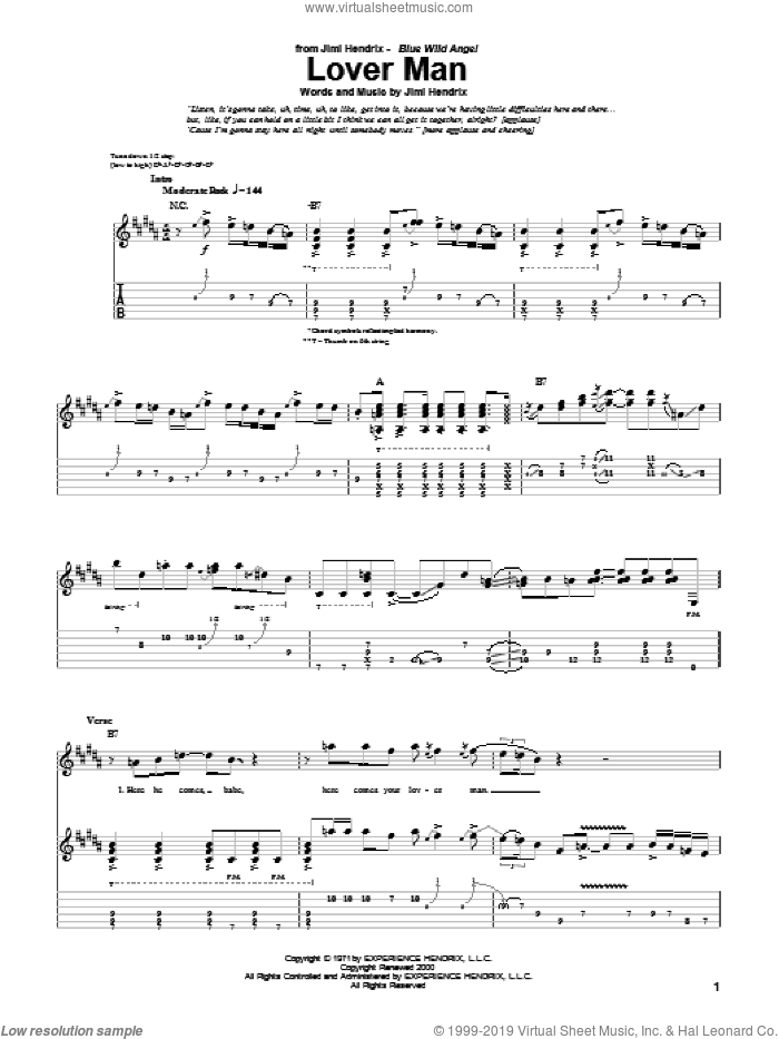 Lover Man sheet music for guitar (tablature) by Jimi Hendrix, intermediate skill level