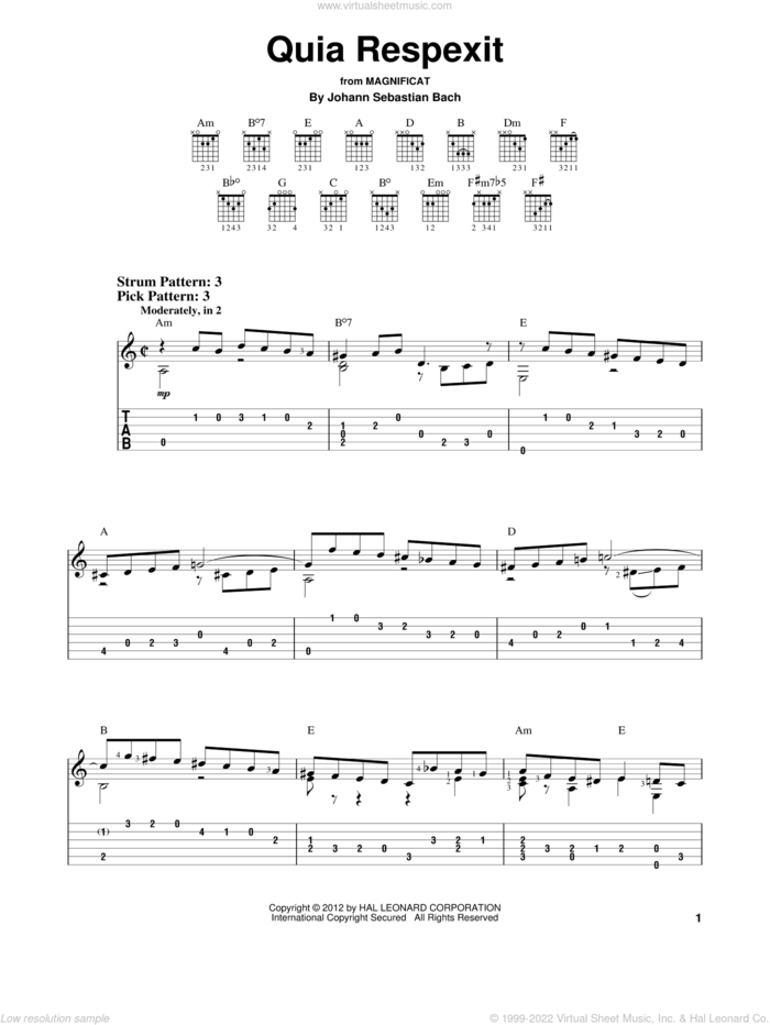 Quia Respexit sheet music for guitar solo (easy tablature) by Johann Sebastian Bach, classical score, easy guitar (easy tablature)
