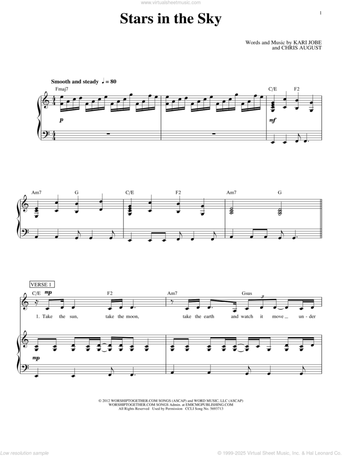 Stars In The Sky sheet music for voice, piano or guitar by Kari Jobe and Chris August, intermediate skill level