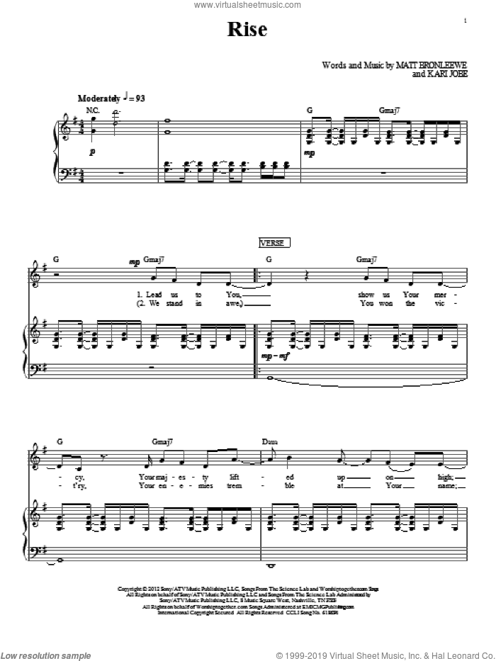Rise sheet music for voice, piano or guitar by Kari Jobe and Matt Bronleewe, intermediate skill level