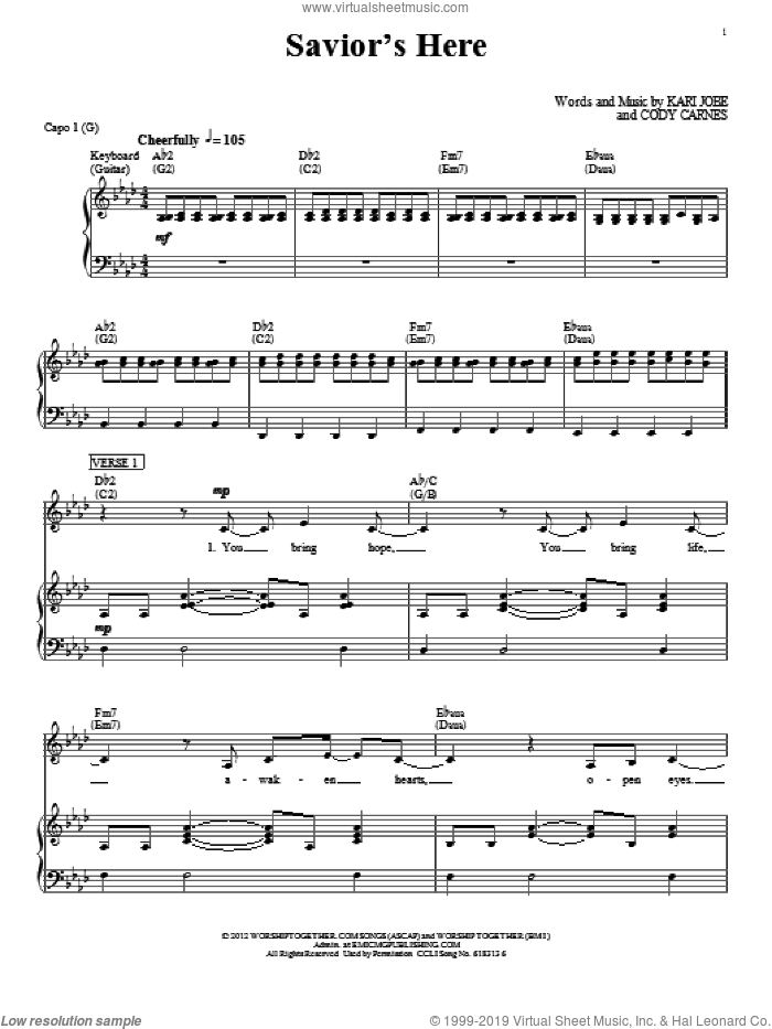Savior's Here sheet music for voice, piano or guitar by Kari Jobe and Cody Carnes, intermediate skill level