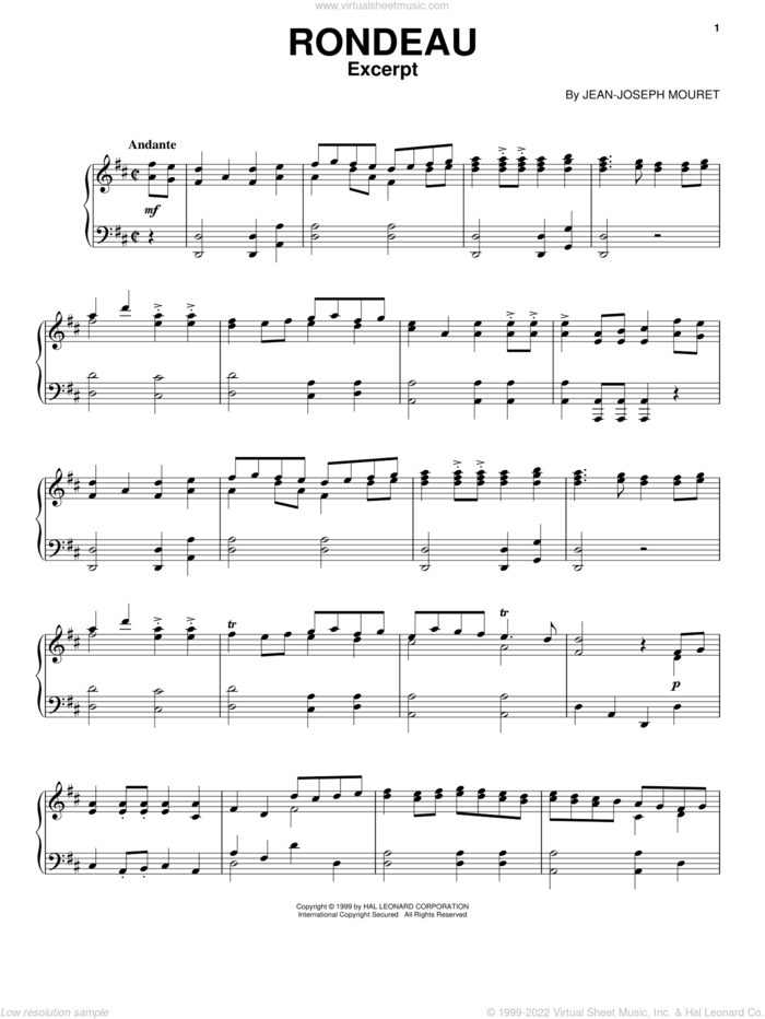 Rondeau sheet music for piano solo by Jean-Joseph Mouret, classical wedding score, intermediate skill level