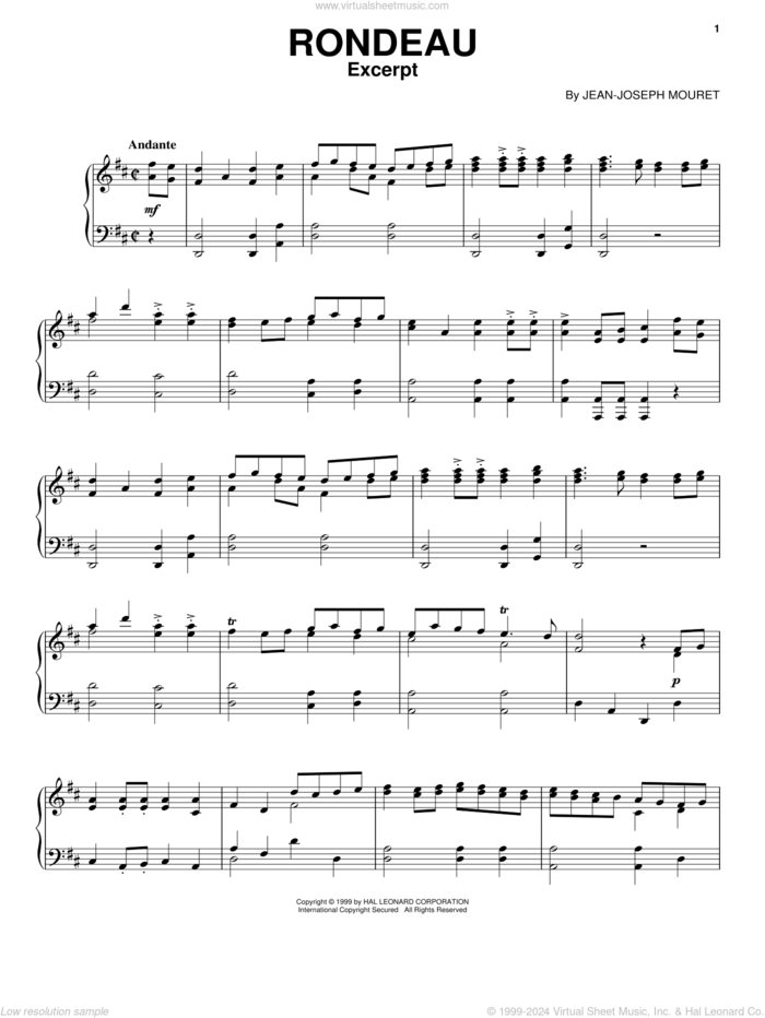 Rondeau sheet music for piano solo by Jean-Joseph Mouret, classical wedding score, intermediate skill level