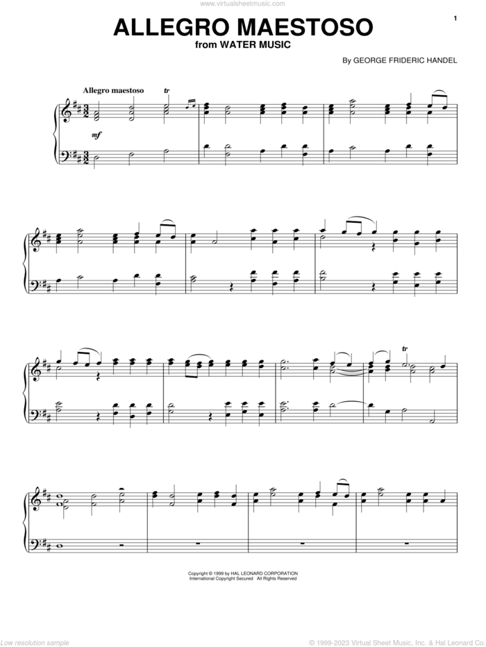 Allegro Maestoso sheet music for voice, piano or guitar by George Frideric Handel, classical wedding score, intermediate skill level