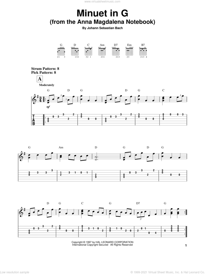 Minuet In G sheet music for guitar solo (easy tablature) by Johann Sebastian Bach, classical wedding score, easy guitar (easy tablature)
