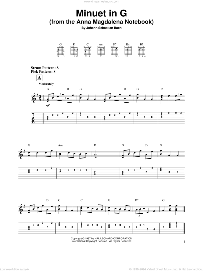 Minuet In G sheet music for guitar solo (easy tablature) by Johann Sebastian Bach, classical wedding score, easy guitar (easy tablature)