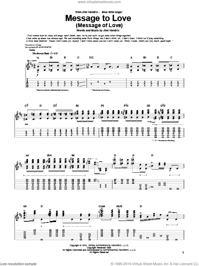 Message To Love (Message Of Love) sheet music for guitar (tablature) by Jimi Hendrix, intermediate skill level