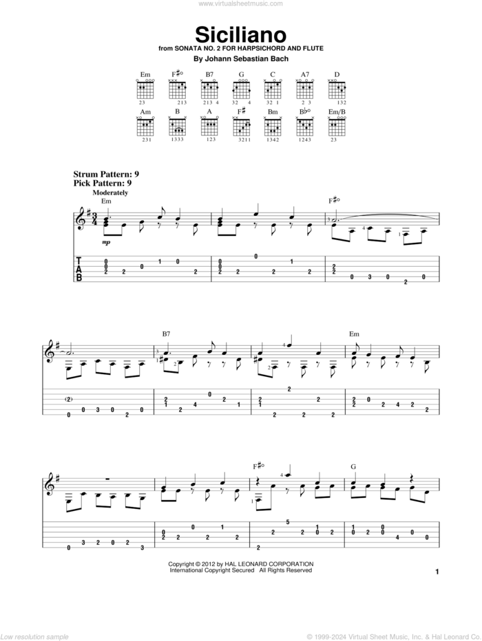 Siciliano sheet music for guitar solo (easy tablature) by Johann Sebastian Bach, classical score, easy guitar (easy tablature)