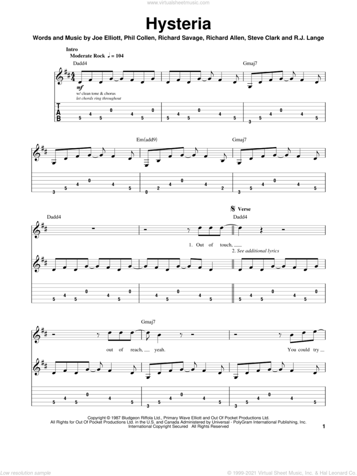 Hysteria sheet music for guitar (tablature, play-along) by Def Leppard, Joe Elliott, Phil Collen, Richard Allen, Richard Savage, Robert John Lange and Steve Clark, intermediate skill level