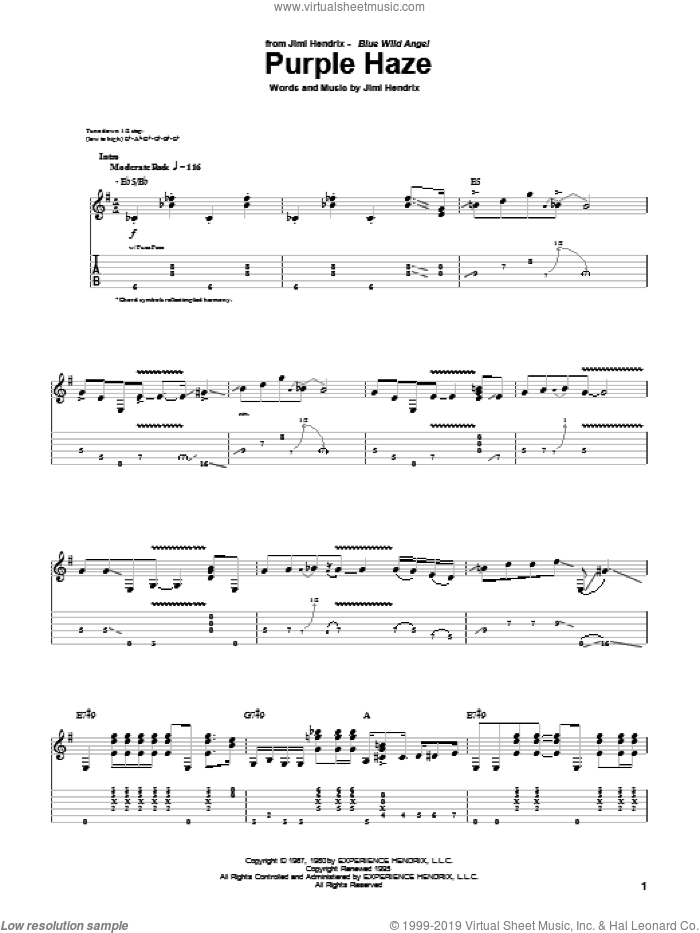 Purple Haze sheet music for guitar (tablature) by Jimi Hendrix, intermediate skill level