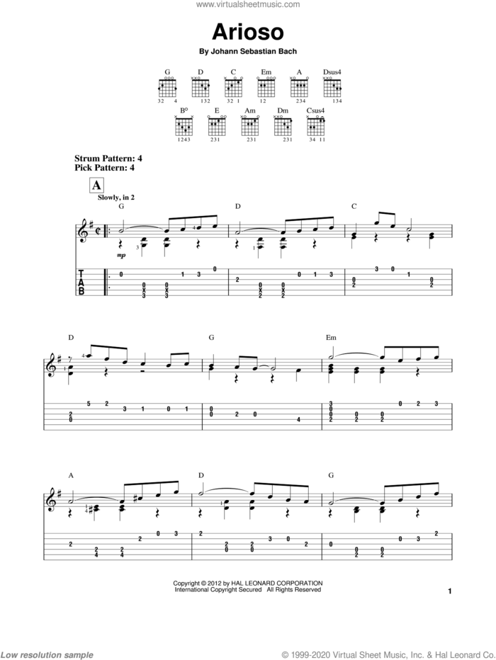 Arioso sheet music for guitar solo (easy tablature) by Johann Sebastian Bach, classical score, easy guitar (easy tablature)