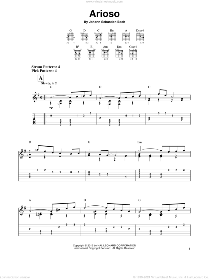 Arioso sheet music for guitar solo (easy tablature) by Johann Sebastian Bach, classical score, easy guitar (easy tablature)