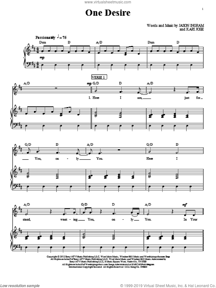 One Desire sheet music for voice, piano or guitar by Kari Jobe and Jason Ingram, intermediate skill level
