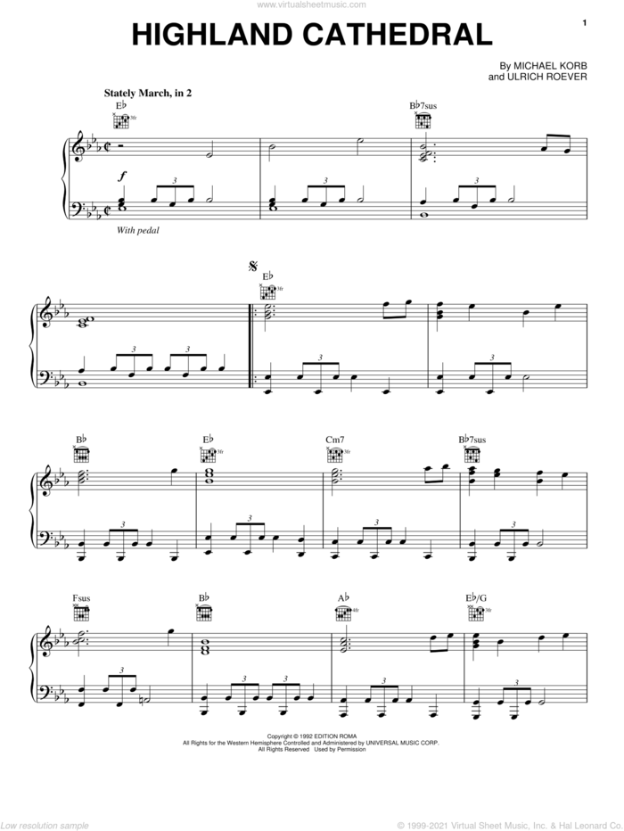 Highland Cathedral, (intermediate) sheet music for piano solo by Michael Korb and Ulrich Roever, wedding score, intermediate skill level
