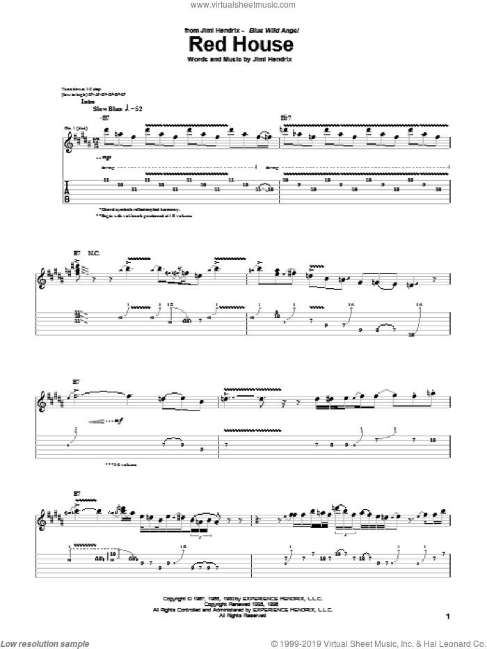 Red House sheet music for guitar (tablature) by Jimi Hendrix, intermediate skill level