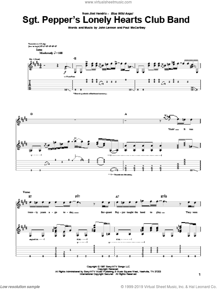 Sgt. Pepper's Lonely Hearts Club Band sheet music for guitar (tablature) by Jimi Hendrix, The Beatles, John Lennon and Paul McCartney, intermediate skill level