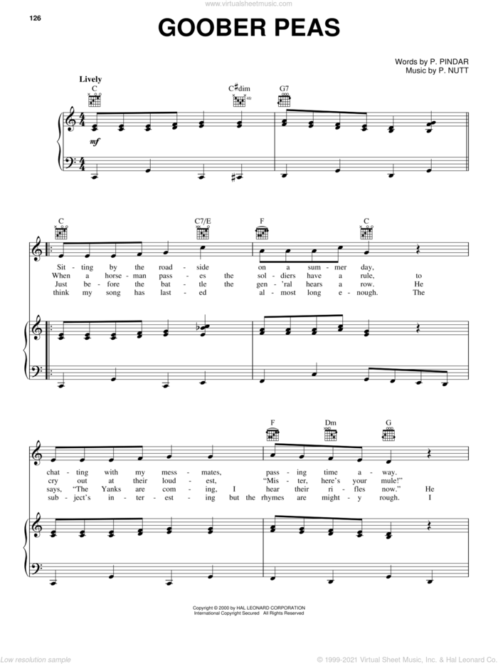 Goober Peas sheet music for voice, piano or guitar by P. Nutt and P. Pindar, intermediate skill level
