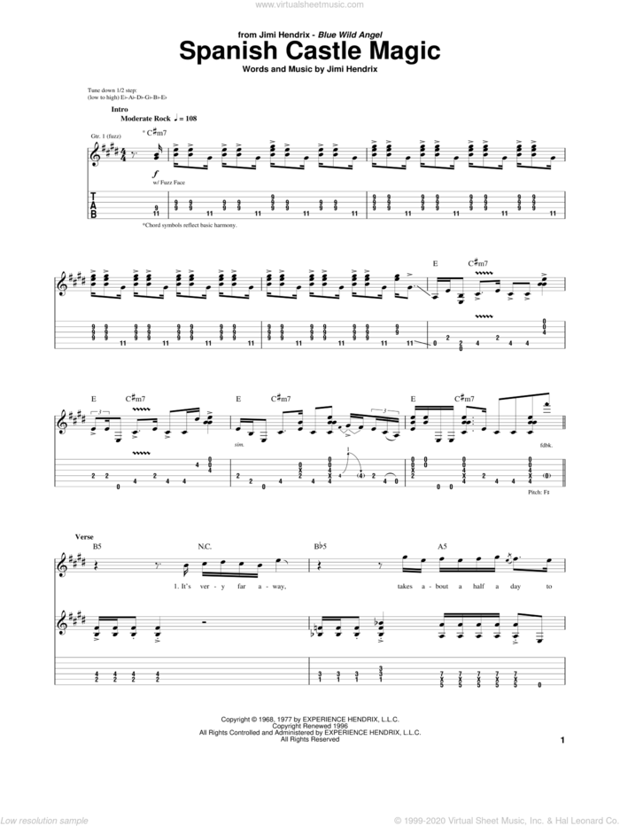 Spanish Castle Magic sheet music for guitar (tablature) by Jimi Hendrix, intermediate skill level
