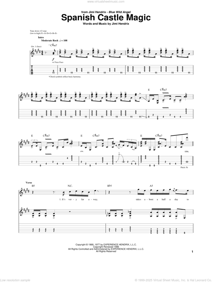 Spanish Castle Magic sheet music for guitar (tablature) by Jimi Hendrix, intermediate skill level