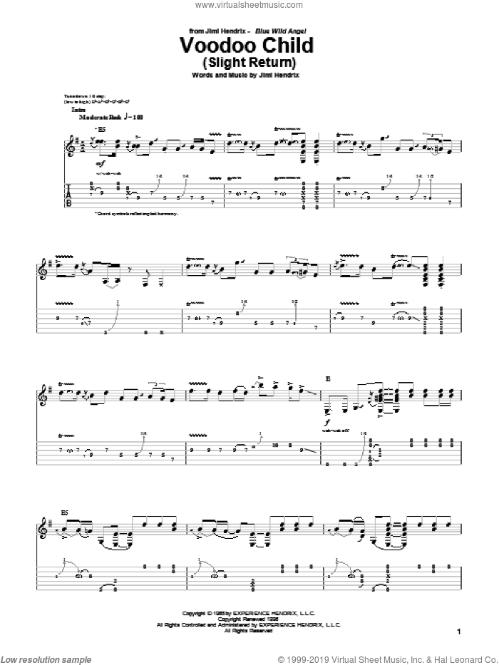 Voodoo Child (Slight Return) sheet music for guitar (tablature) by Jimi Hendrix and Stevie Ray Vaughan, intermediate skill level