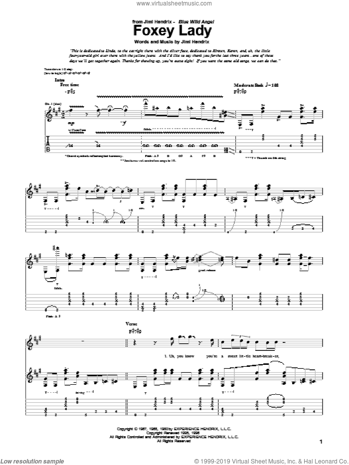 Foxey Lady sheet music for guitar (tablature) by Jimi Hendrix, intermediate skill level