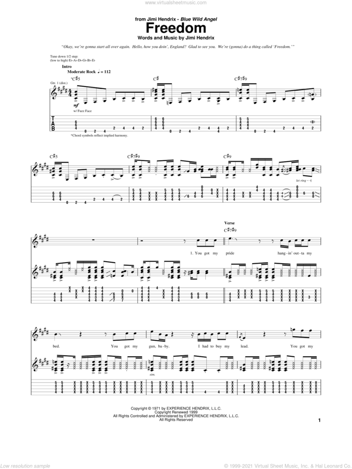 Freedom sheet music for guitar (tablature) by Jimi Hendrix, intermediate skill level